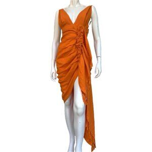 Just Bee Queen Tulum Dress Tangerine Orange Linen Size Small Asymmetrical Ruched